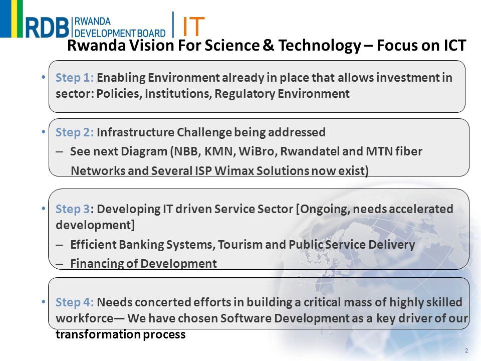 IT Step 1: Enabling Environment already in place that allows investment in sector: Policies, Institutions, Regulatory Environment Step 2: Infrastructure Challenge being addressed – See next Diagram (NBB, KMN, WiBro, Rwandatel and MTN fiber Networks and Several ISP Wimax Solutions now exist) Step 3: Developing IT driven Service Sector [Ongoing, needs accelerated development] – Efficient Banking Systems, Tourism and Public Service Delivery – Financing of Development Step 4: Needs concerted efforts in building a critical mass of highly skilled workforce— We have chosen Software Development as a key driver of our transformation process 2 Rwanda Vision For Science & Technology – Focus on ICT