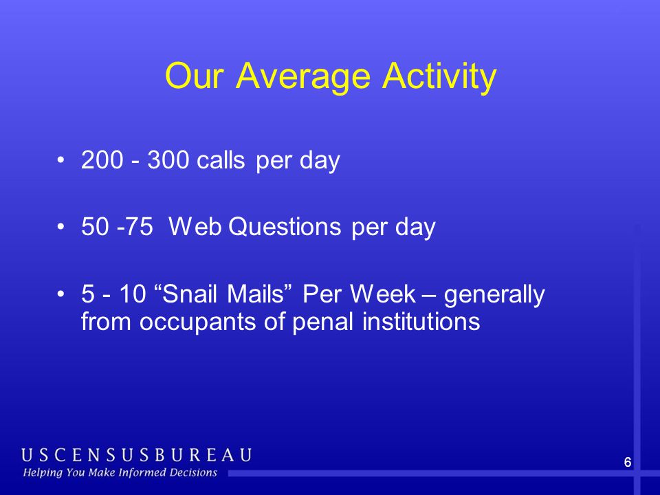 Our Average Activity calls per day Web Questions per day Snail Mails Per Week – generally from occupants of penal institutions 6