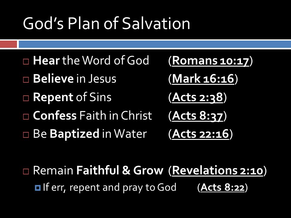 God’s Plan of Salvation  Hear the Word of God (Romans 10:17)  Believe in Jesus (Mark 16:16)  Repent of Sins (Acts 2:38)  Confess Faith in Christ (Acts 8:37)  Be Baptized in Water (Acts 22:16)  Remain Faithful & Grow(Revelations 2:10)  If err, repent and pray to God (Acts 8:22)