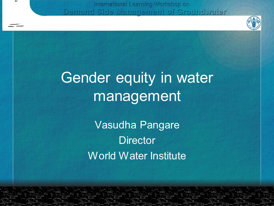 Gender equity in water management Vasudha Pangare Director World Water Institute