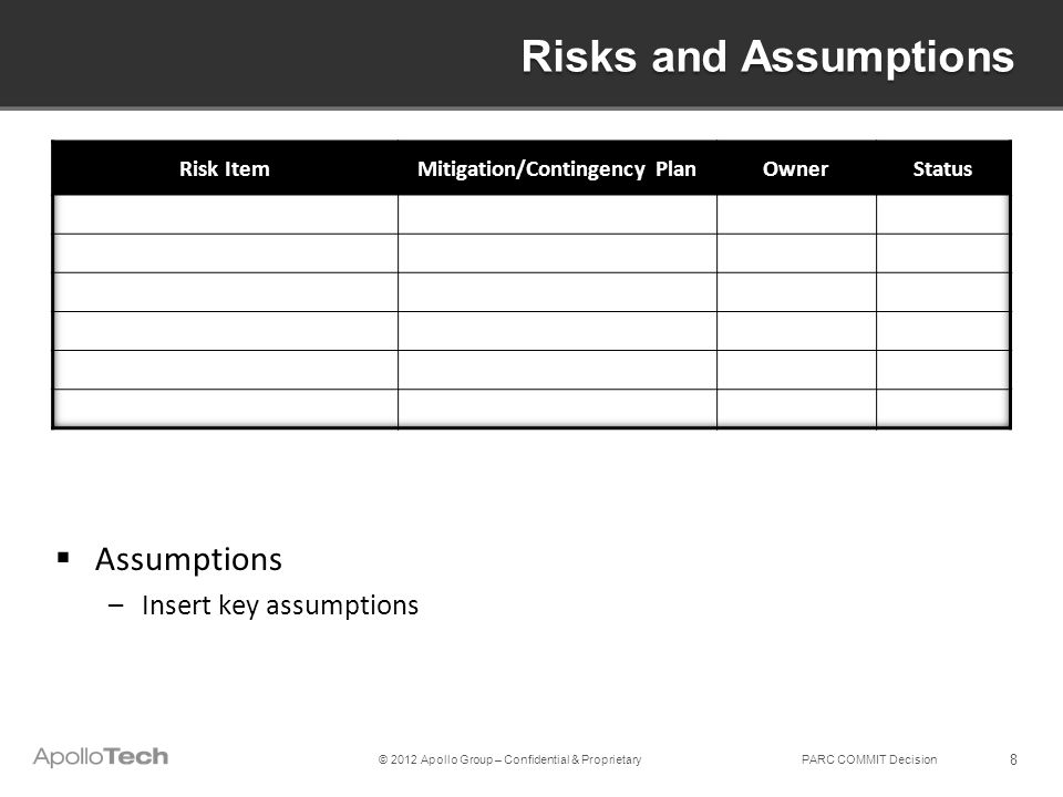 8 Risks and Assumptions  Assumptions –Insert key assumptions © 2012 Apollo Group – Confidential & Proprietary PARC COMMIT Decision