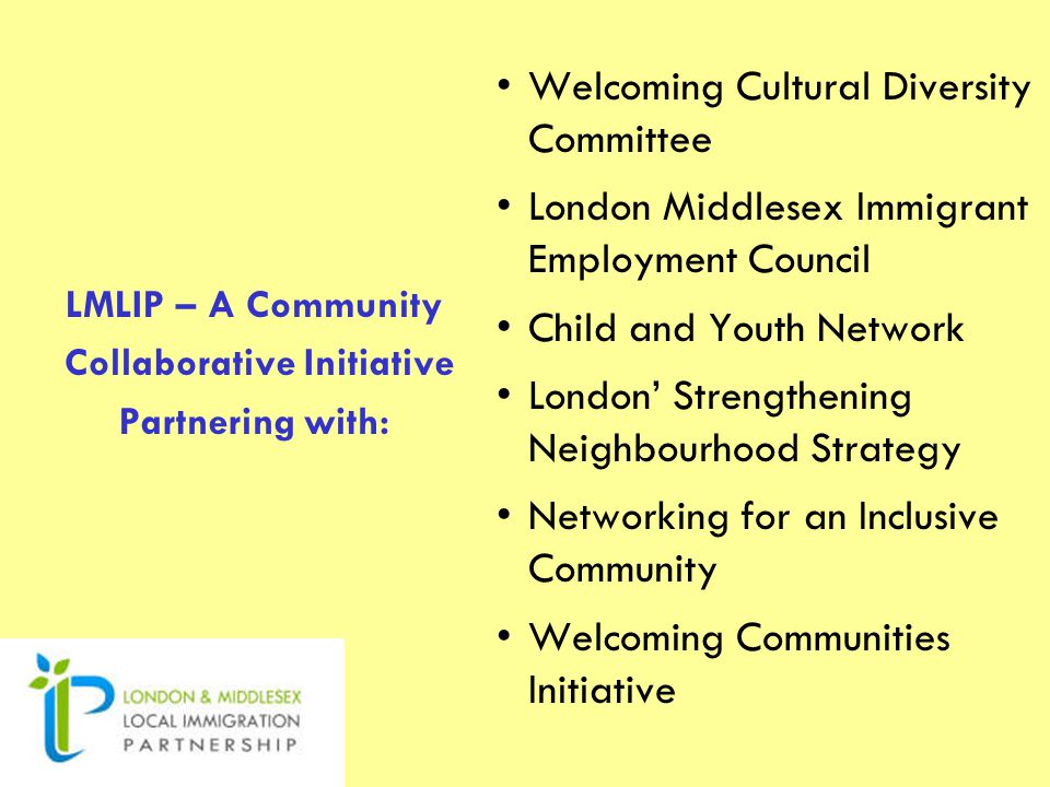 LMLIP – A Community Collaborative Initiative Partnering with: Welcoming Cultural Diversity Committee London Middlesex Immigrant Employment Council Child and Youth Network London’ Strengthening Neighbourhood Strategy Networking for an Inclusive Community Welcoming Communities Initiative