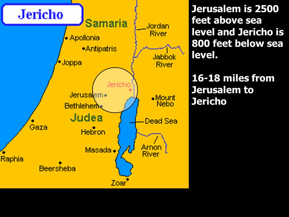 Jerusalem is 2500 feet above sea level and Jericho is 800 feet below sea level.