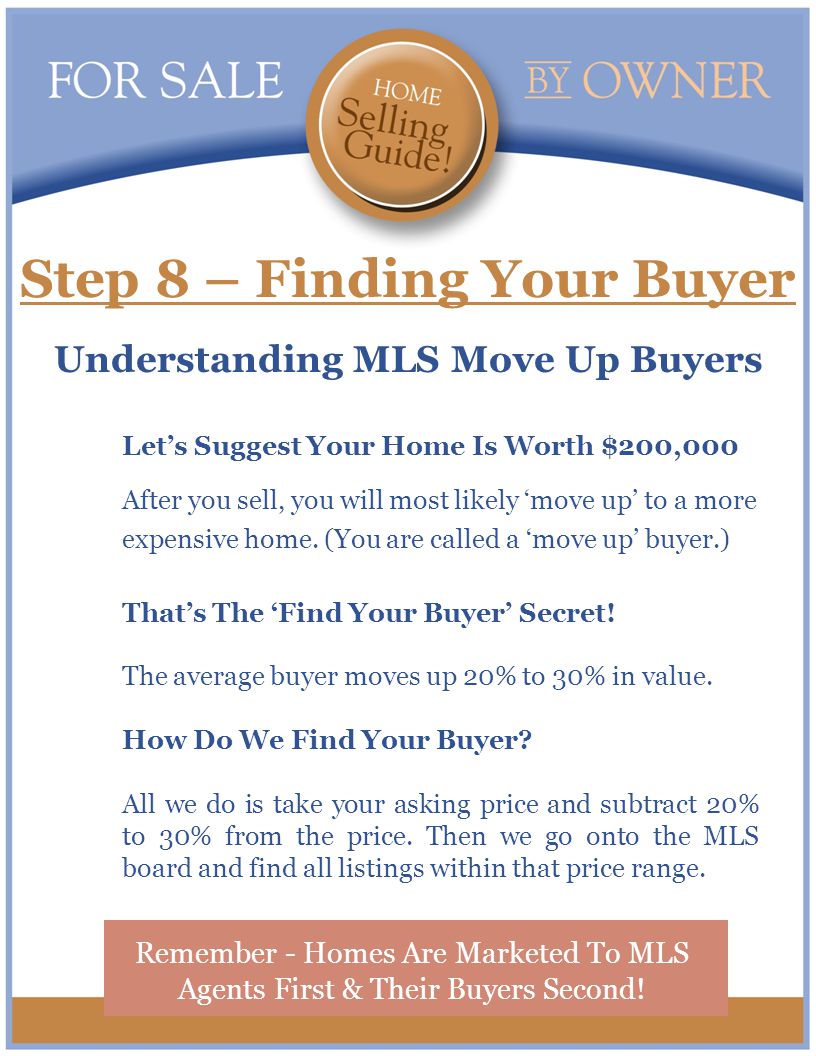 Step 8 – Finding Your Buyer Understanding MLS Move Up Buyers Remember - Homes Are Marketed To MLS Agents First & Their Buyers Second.