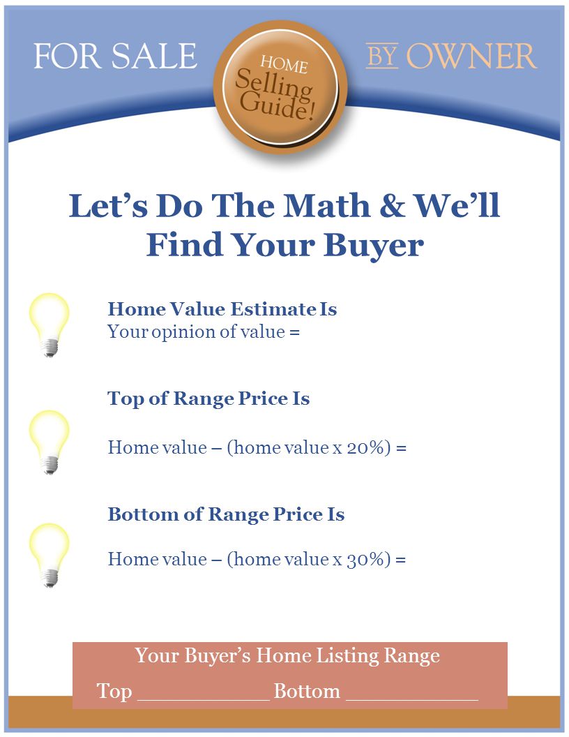 Home Value Estimate Is Your opinion of value = Top of Range Price Is Home value – (home value x 20%) = Bottom of Range Price Is Home value – (home value x 30%) = Your Buyer’s Home Listing Range Top __________ Bottom __________ Let’s Do The Math & We’ll Find Your Buyer