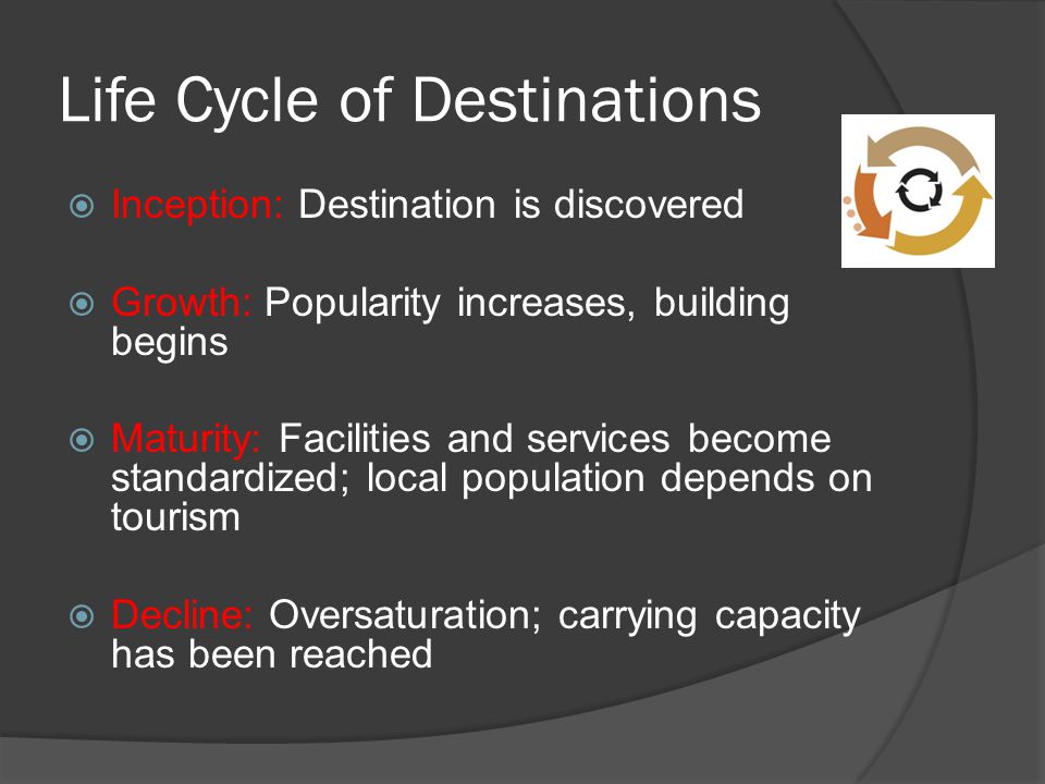 Life Cycle of Destinations  Inception: Destination is discovered  Growth: Popularity increases, building begins  Maturity: Facilities and services become standardized; local population depends on tourism  Decline: Oversaturation; carrying capacity has been reached