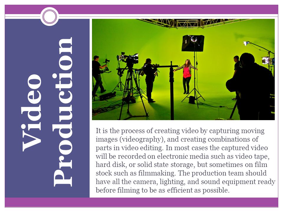It is the process of creating video by capturing moving images (videography), and creating combinations of parts in video editing.