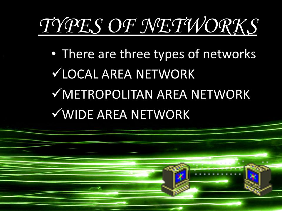 TYPES OF NETWORKS There are three types of networks LOCAL AREA NETWORK METROPOLITAN AREA NETWORK WIDE AREA NETWORK