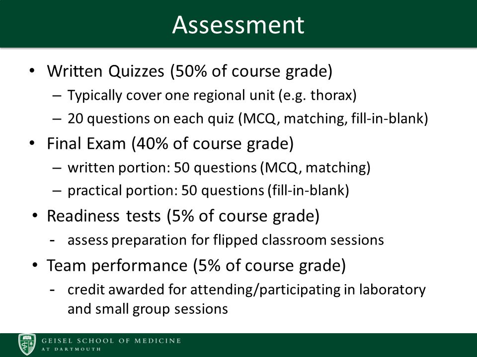 Assessment Written Quizzes (50% of course grade) – Typically cover one regional unit (e.g.