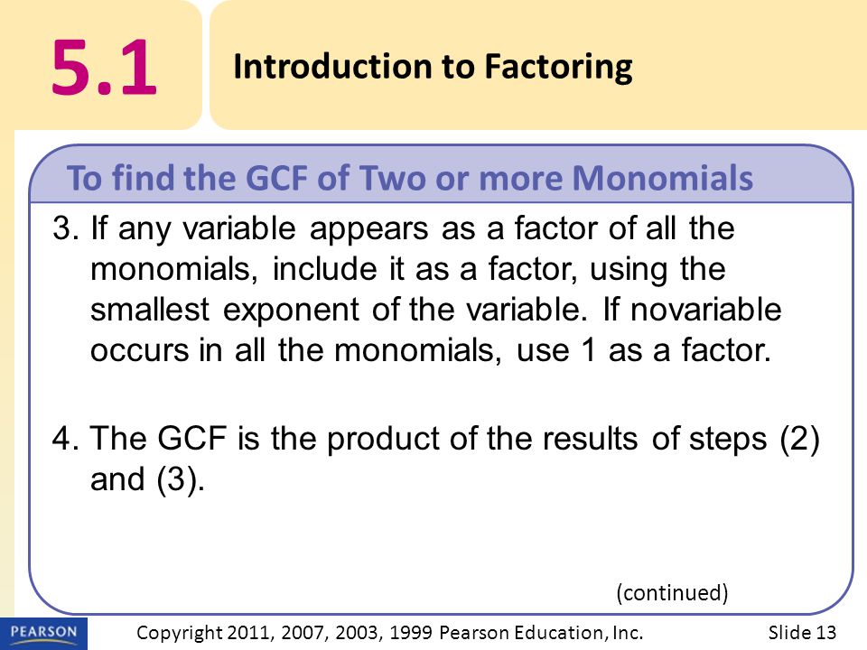 3.If any variable appears as a factor of all the monomials, include it as a factor, using the smallest exponent of the variable.