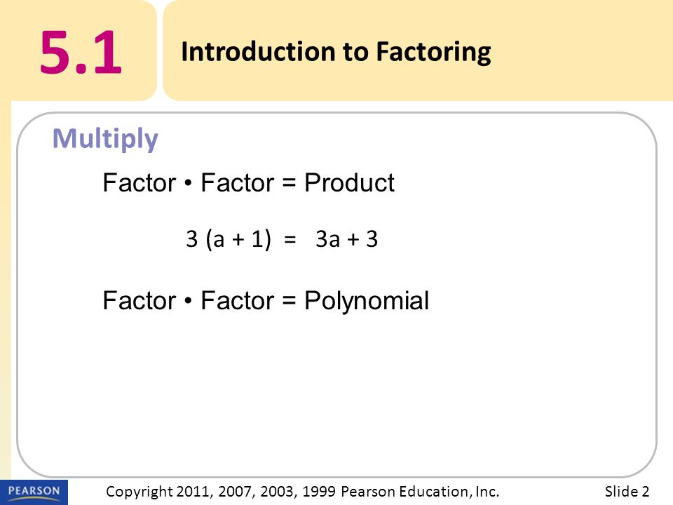 5.1 Introduction to Factoring Multiply Slide 2Copyright 2011, 2007, 2003, 1999 Pearson Education, Inc.