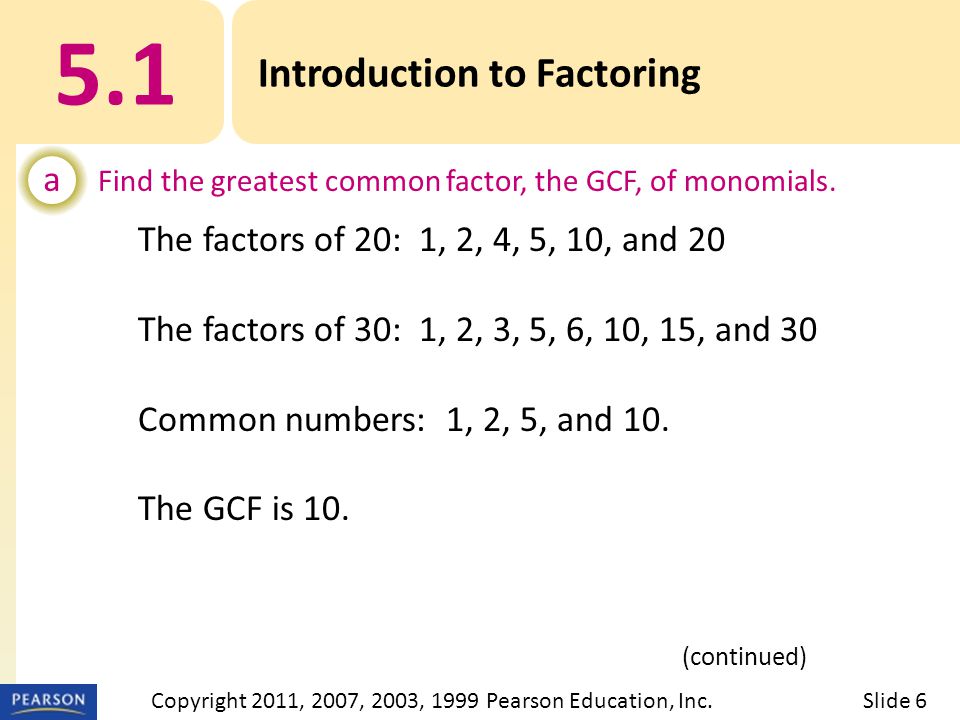 The factors of 20: 1, 2, 4, 5, 10, and 20 The factors of 30: 1, 2, 3, 5, 6, 10, 15, and 30 Common numbers: 1, 2, 5, and 10.