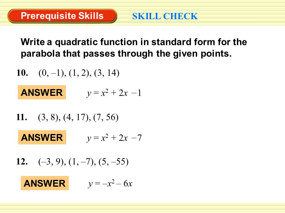 Prerequisite Skills SKILL CHECK Write a quadratic function in standard form for the parabola that passes through the given points.