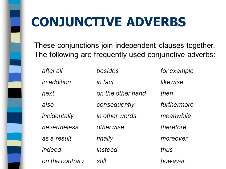 CONJUNCTIVE ADVERBS These conjunctions join independent clauses together.