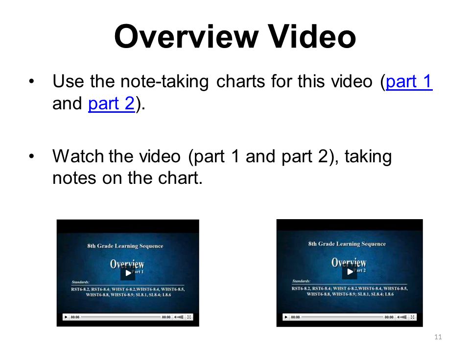 Overview Video Use the note-taking charts for this video (part 1 and part 2).part 1part 2 Watch the video (part 1 and part 2), taking notes on the chart.