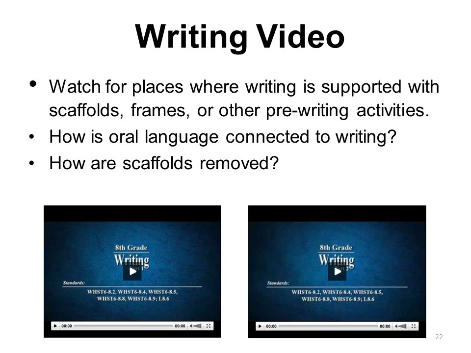 Writing Video Watch for places where writing is supported with scaffolds, frames, or other pre-writing activities.