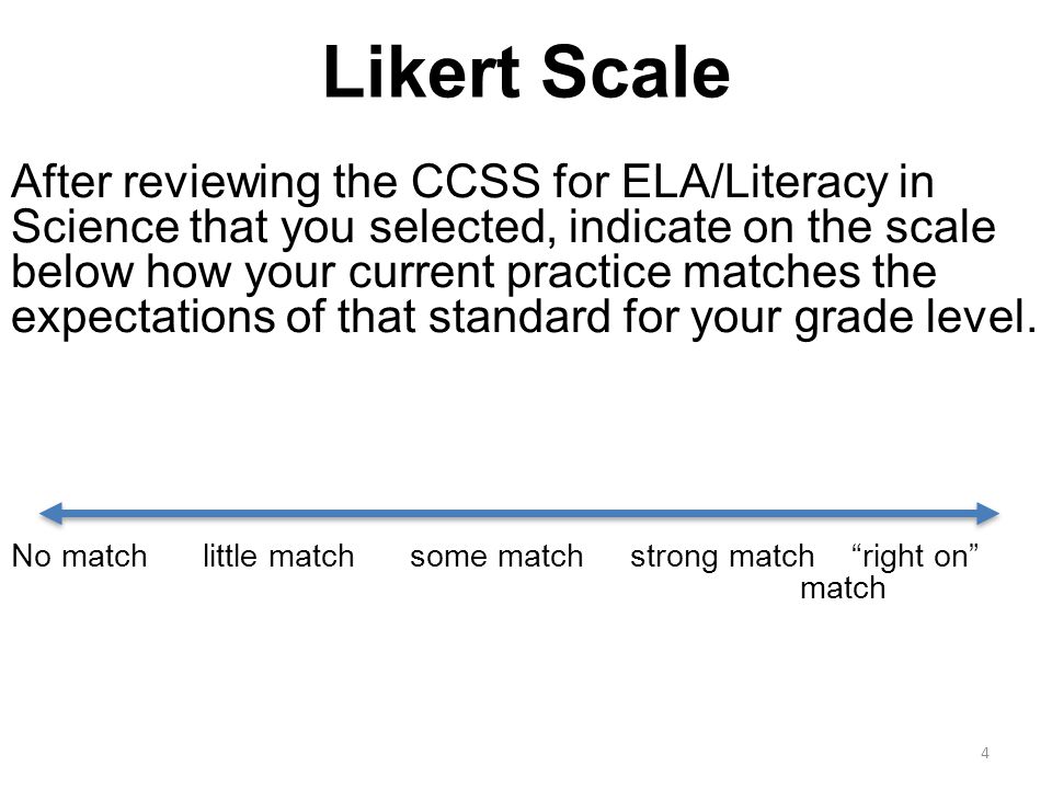 Likert Scale After reviewing the CCSS for ELA/Literacy in Science that you selected, indicate on the scale below how your current practice matches the expectations of that standard for your grade level.