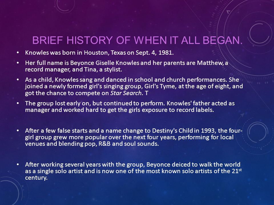 BRIEF HISTORY OF WHEN IT ALL BEGAN. Knowles was born in Houston, Texas on Sept.