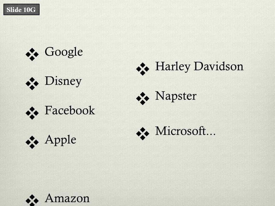 Slide 10G  Google  Disney  Facebook  Apple  Amazon  Harley Davidson  Napster  Microsoft...