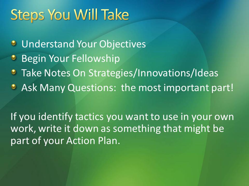 Understand Your Objectives Begin Your Fellowship Take Notes On Strategies/Innovations/Ideas Ask Many Questions: the most important part.