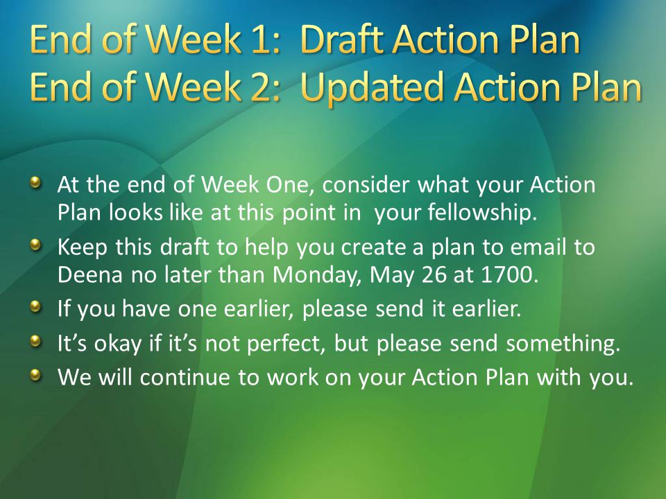 At the end of Week One, consider what your Action Plan looks like at this point in your fellowship.