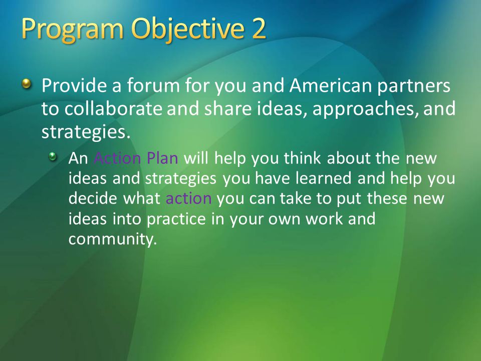 Provide a forum for you and American partners to collaborate and share ideas, approaches, and strategies.