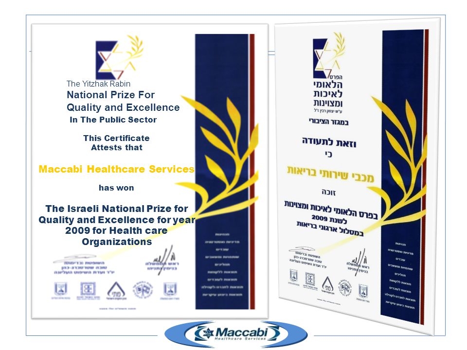 The Yitzhak Rabin National Prize For Quality and Excellence In The Public Sector This Certificate Attests that Maccabi Healthcare Services has won The Israeli National Prize for Quality and Excellence for year 2009 for Health care Organizations