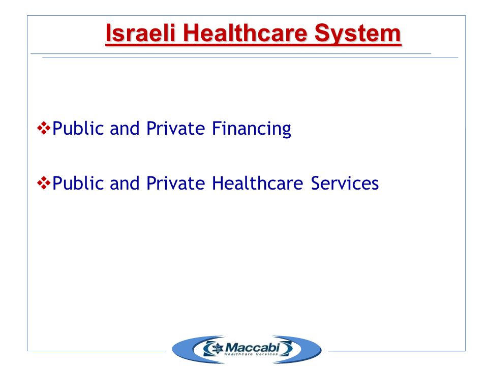 Israeli Healthcare System  Public and Private Financing  Public and Private Healthcare Services