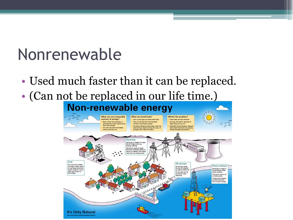 Nonrenewable Used much faster than it can be replaced. (Can not be replaced in our life time.)