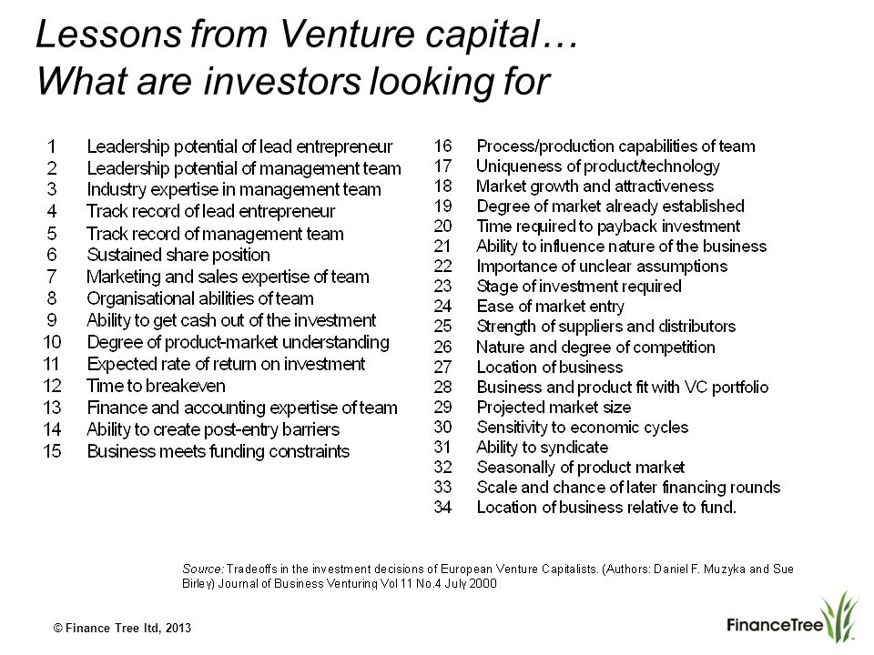 © Finance Tree ltd, 2013 Lessons from Venture capital… What are investors looking for