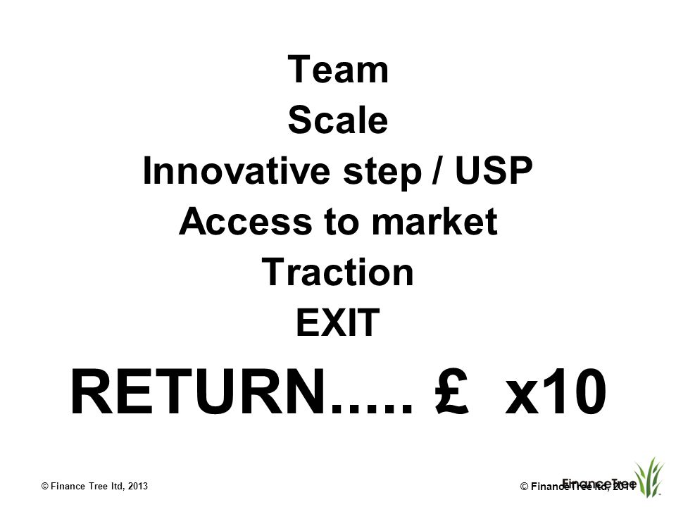 Team Scale Innovative step / USP Access to market Traction EXIT RETURN.....