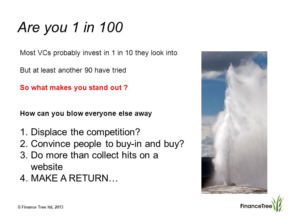 © Finance Tree ltd, 2013 Are you 1 in 100 Most VCs probably invest in 1 in 10 they look into But at least another 90 have tried So what makes you stand out .