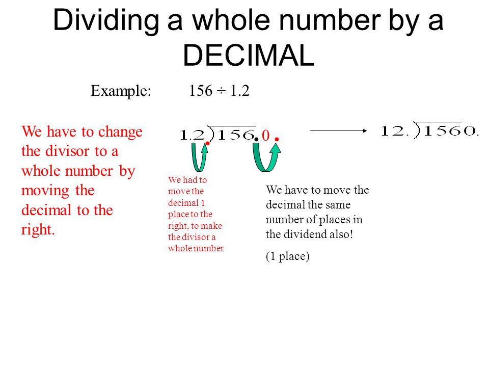 Dividing a whole number by a DECIMAL Example: 156 ÷ 1.2 We have to change the divisor to a whole number by moving the decimal to the right.