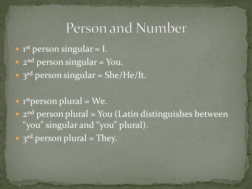 1 st person singular = I. 2 nd person singular = You.