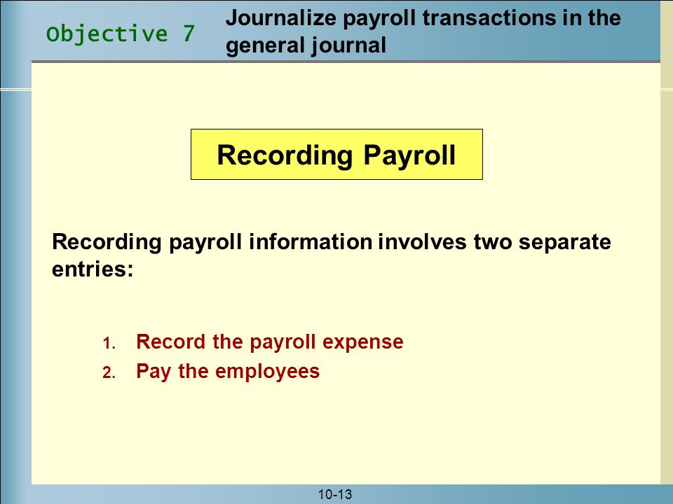 10-13 Recording Payroll 1. Record the payroll expense 2.