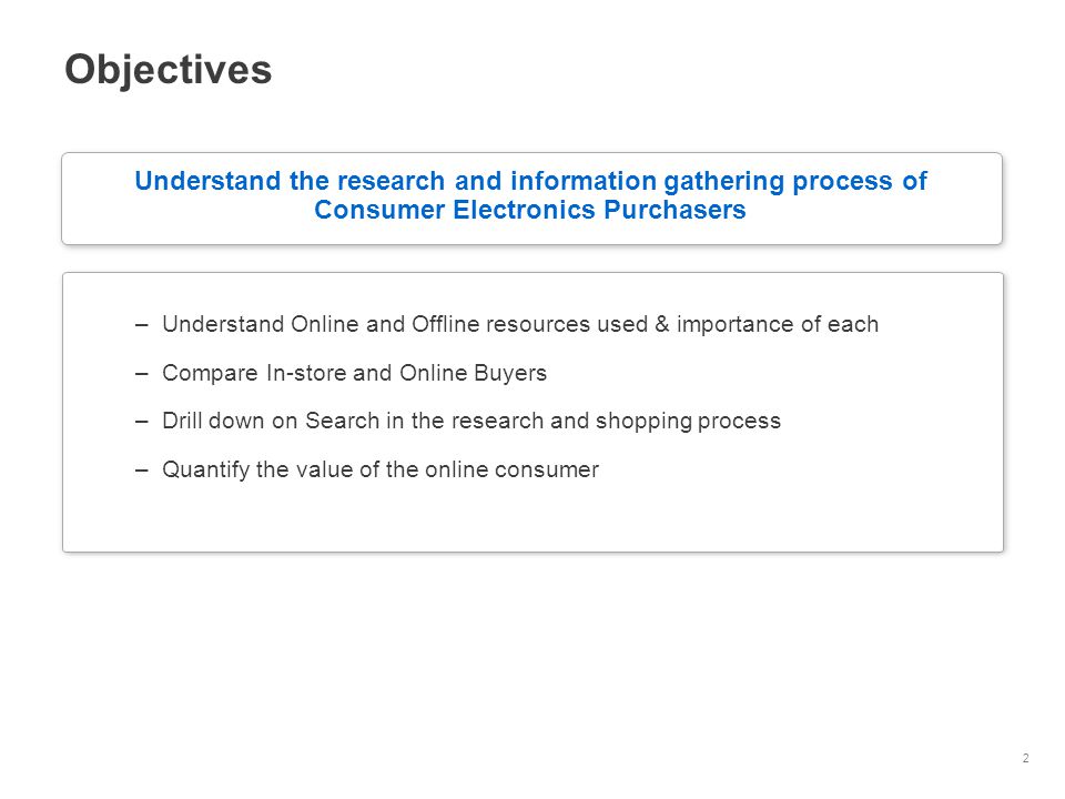 2 –Understand Online and Offline resources used & importance of each –Compare In-store and Online Buyers –Drill down on Search in the research and shopping process –Quantify the value of the online consumer Understand the research and information gathering process of Consumer Electronics Purchasers Objectives