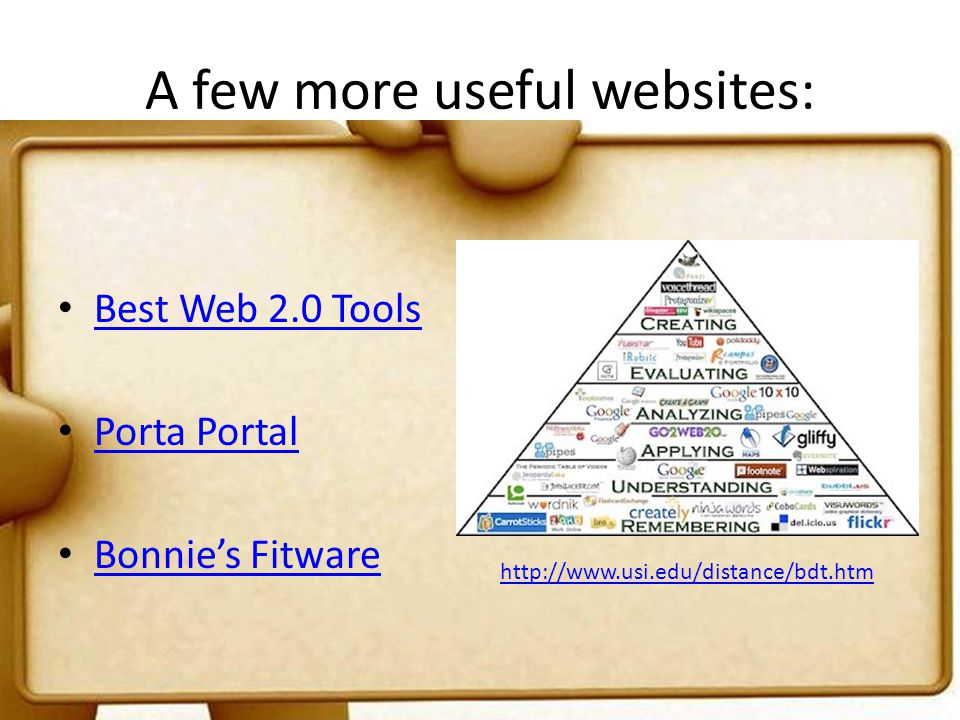 A few more useful websites: Best Web 2.0 Tools Porta Portal Bonnie’s Fitware