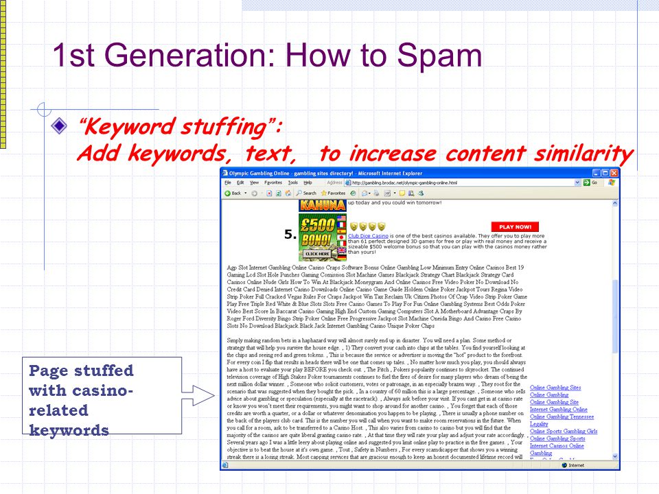 1st Generation: How to Spam Keyword stuffing : Add keywords, text, to increase content similarity Page stuffed with casino- related keywords