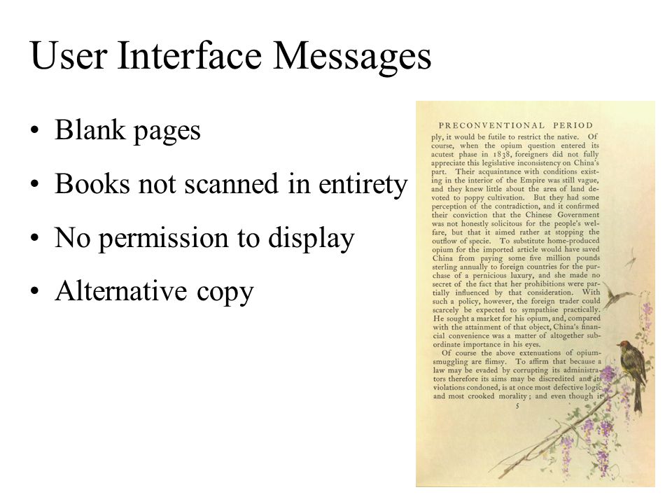 User Interface Messages Blank pages Books not scanned in entirety No permission to display Alternative copy