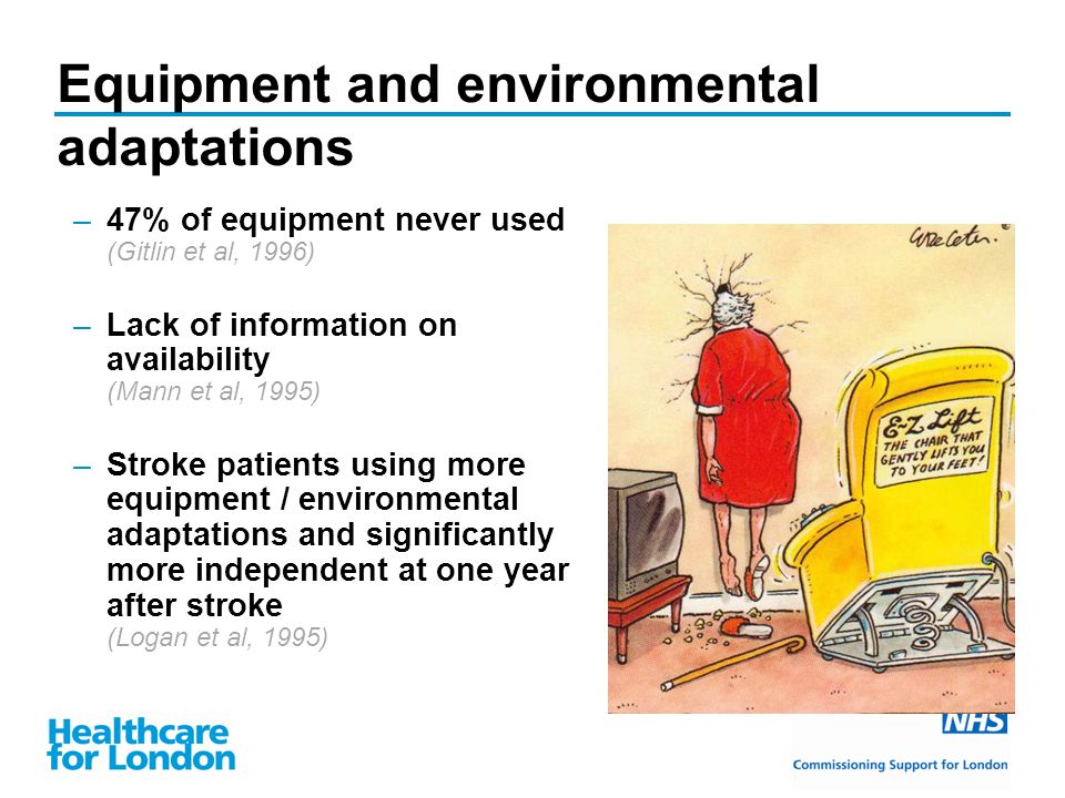 –47% of equipment never used (Gitlin et al, 1996) –Lack of information on availability (Mann et al, 1995) –Stroke patients using more equipment / environmental adaptations and significantly more independent at one year after stroke (Logan et al, 1995) Equipment and environmental adaptations