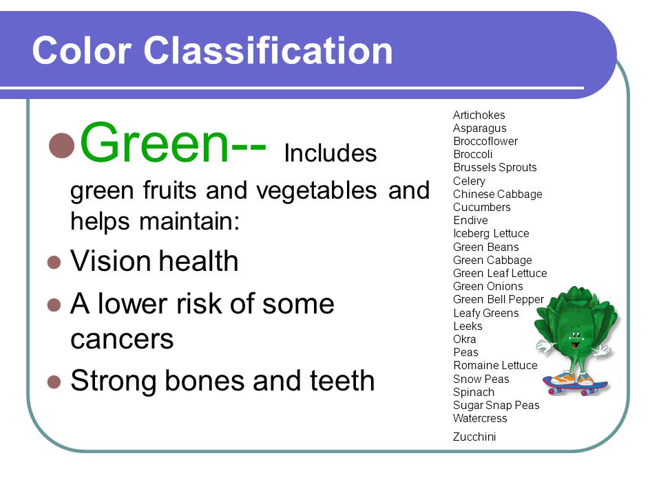 Color Classification Green-- Includes green fruits and vegetables and helps maintain: Vision health A lower risk of some cancers Strong bones and teeth Artichokes Asparagus Broccoflower Broccoli Brussels Sprouts Celery Chinese Cabbage Cucumbers Endive Iceberg Lettuce Green Beans Green Cabbage Green Leaf Lettuce Green Onions Green Bell Pepper Leafy Greens Leeks Okra Peas Romaine Lettuce Snow Peas Spinach Sugar Snap Peas Watercress Zucchini