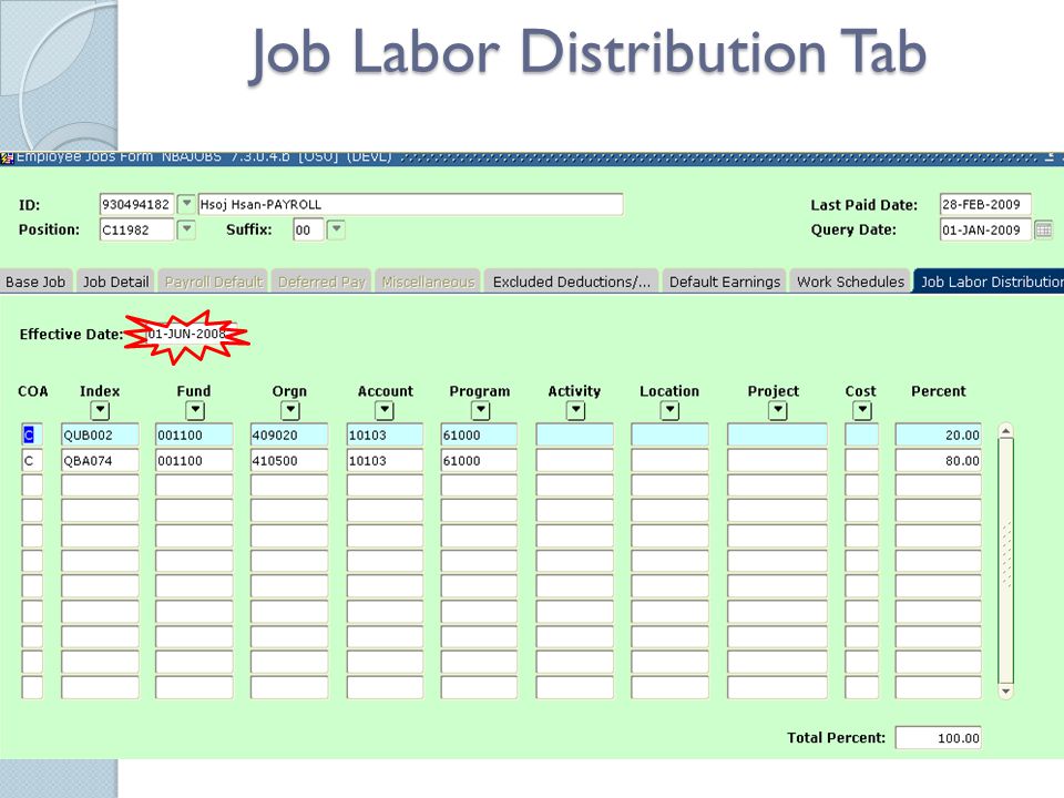 Job Labor Distribution Tab
