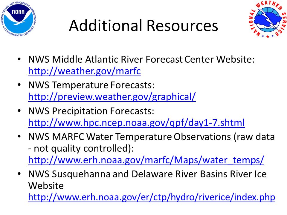 Additional Resources NWS Middle Atlantic River Forecast Center Website:     NWS Temperature Forecasts:     NWS Precipitation Forecasts:     NWS MARFC Water Temperature Observations (raw data - not quality controlled):     NWS Susquehanna and Delaware River Basins River Ice Website