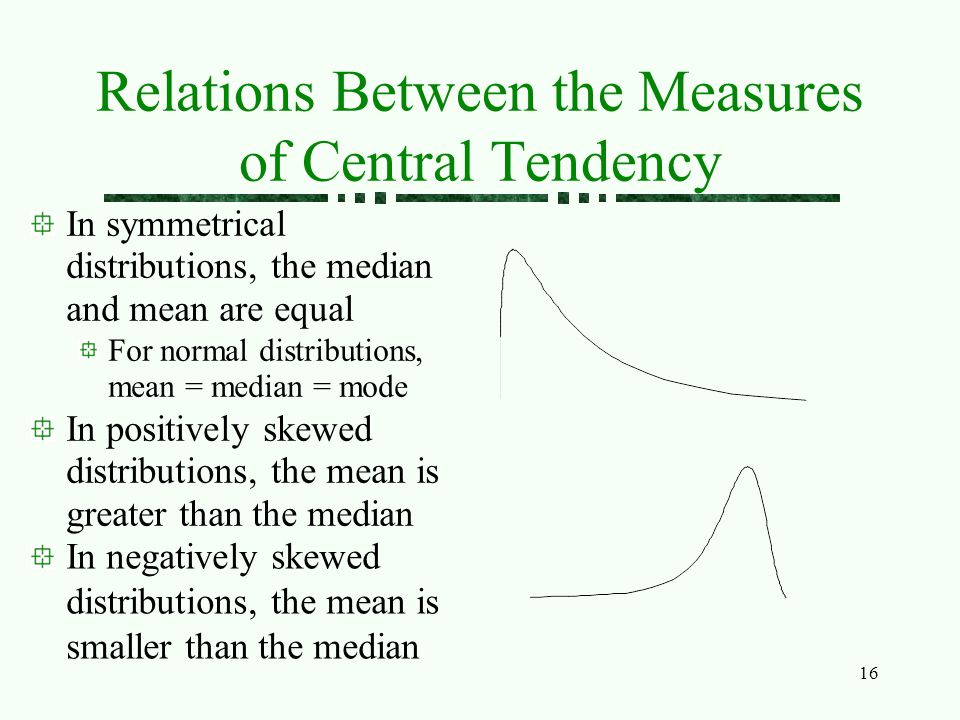 16 Relations Between the Measures of Central Tendency In symmetrical distributions, the median and mean are equal For normal distributions, mean = median = mode In positively skewed distributions, the mean is greater than the median In negatively skewed distributions, the mean is smaller than the median