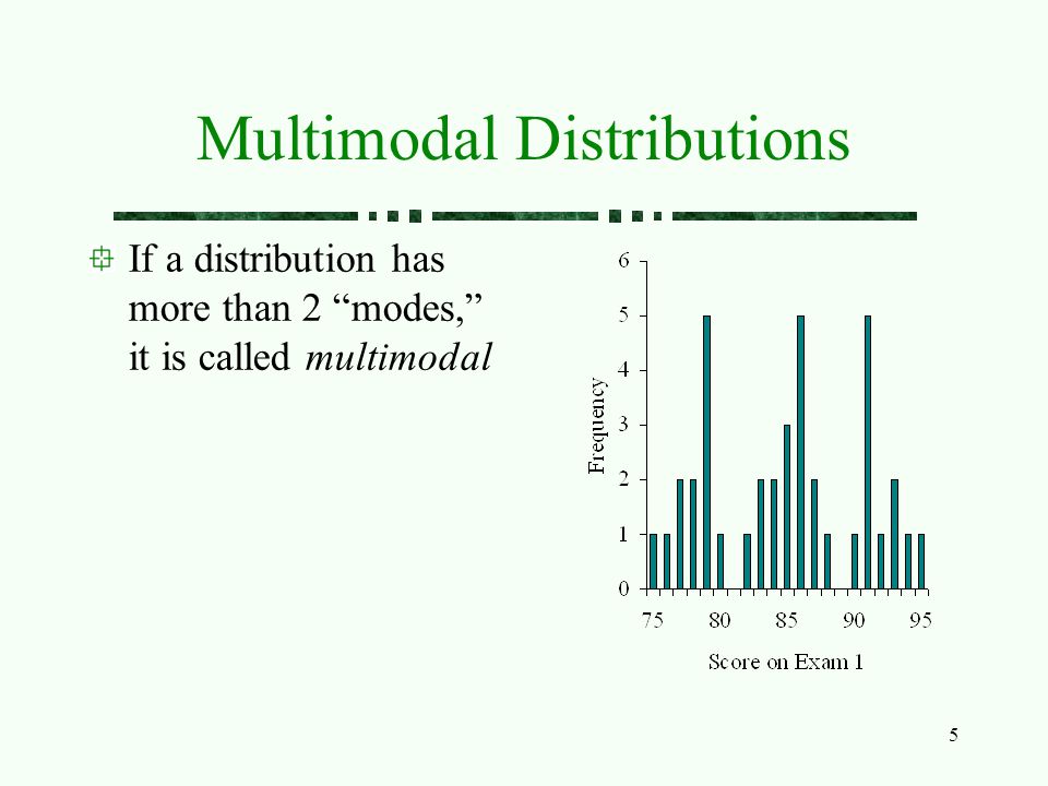 5 Multimodal Distributions If a distribution has more than 2 modes, it is called multimodal