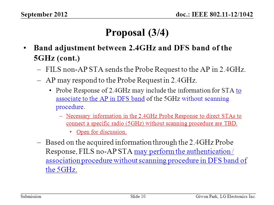 doc.: IEEE /1042 Submission Proposal (3/4) Band adjustment between 2.4GHz and DFS band of the 5GHz (cont.) –FILS non-AP STA sends the Probe Request to the AP in 2.4GHz.