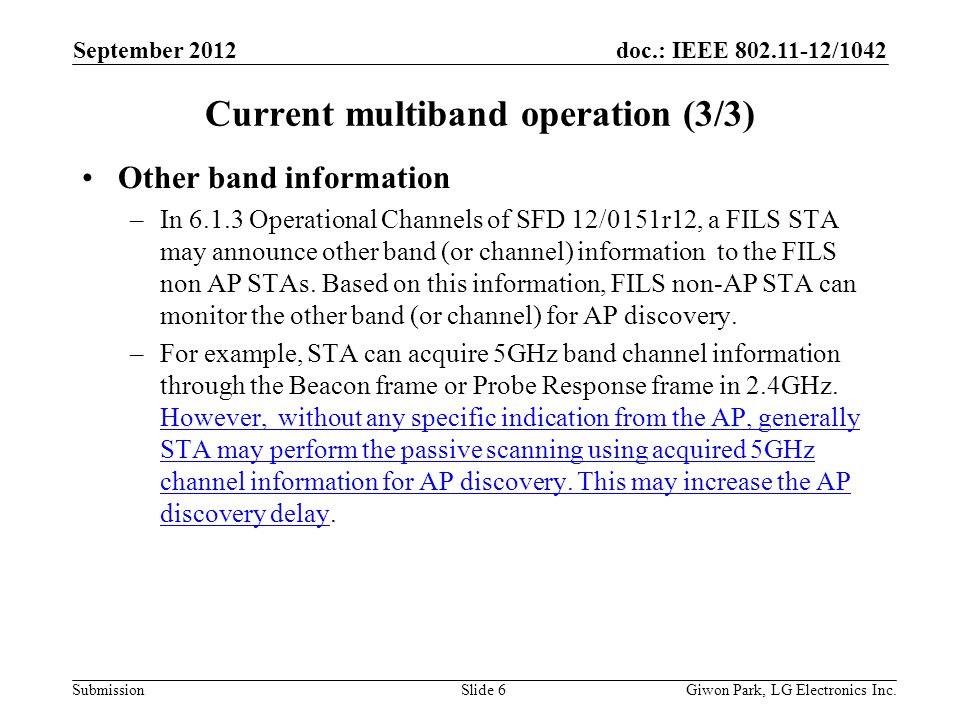 doc.: IEEE /1042 Submission Current multiband operation (3/3) Other band information –In Operational Channels of SFD 12/0151r12, a FILS STA may announce other band (or channel) information to the FILS non AP STAs.