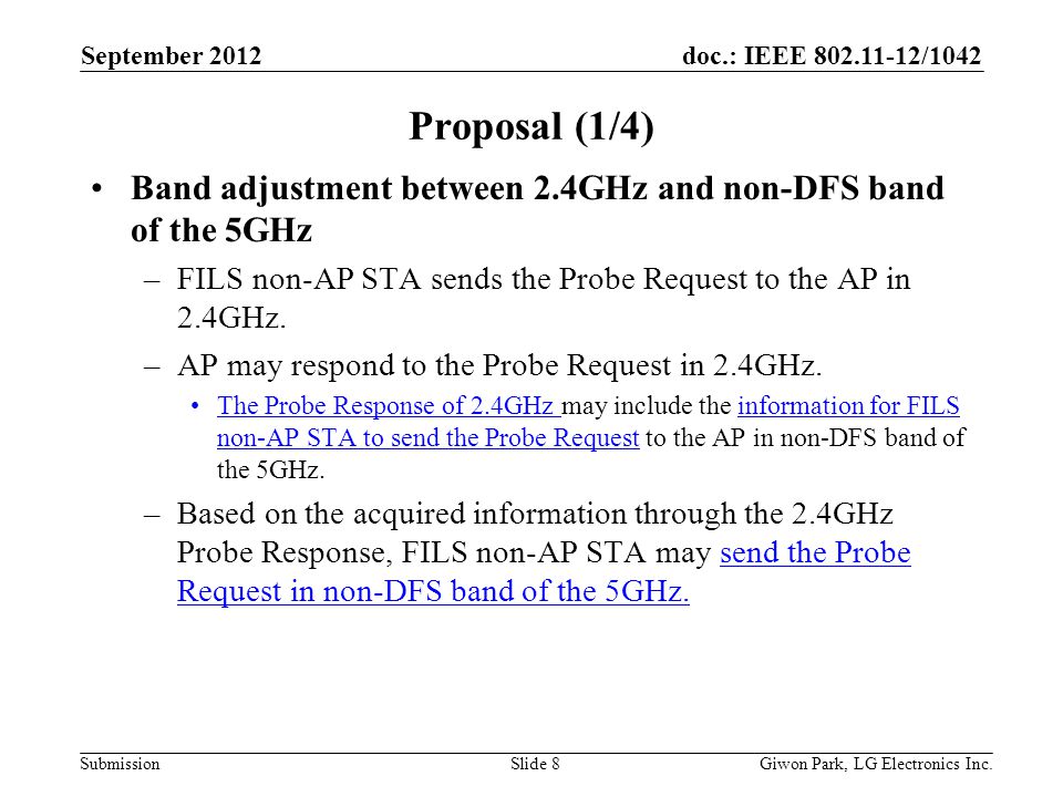 doc.: IEEE /1042 Submission Proposal (1/4) Band adjustment between 2.4GHz and non-DFS band of the 5GHz –FILS non-AP STA sends the Probe Request to the AP in 2.4GHz.