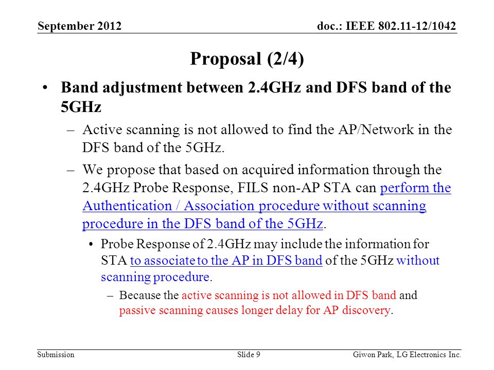 doc.: IEEE /1042 Submission Proposal (2/4) Band adjustment between 2.4GHz and DFS band of the 5GHz –Active scanning is not allowed to find the AP/Network in the DFS band of the 5GHz.