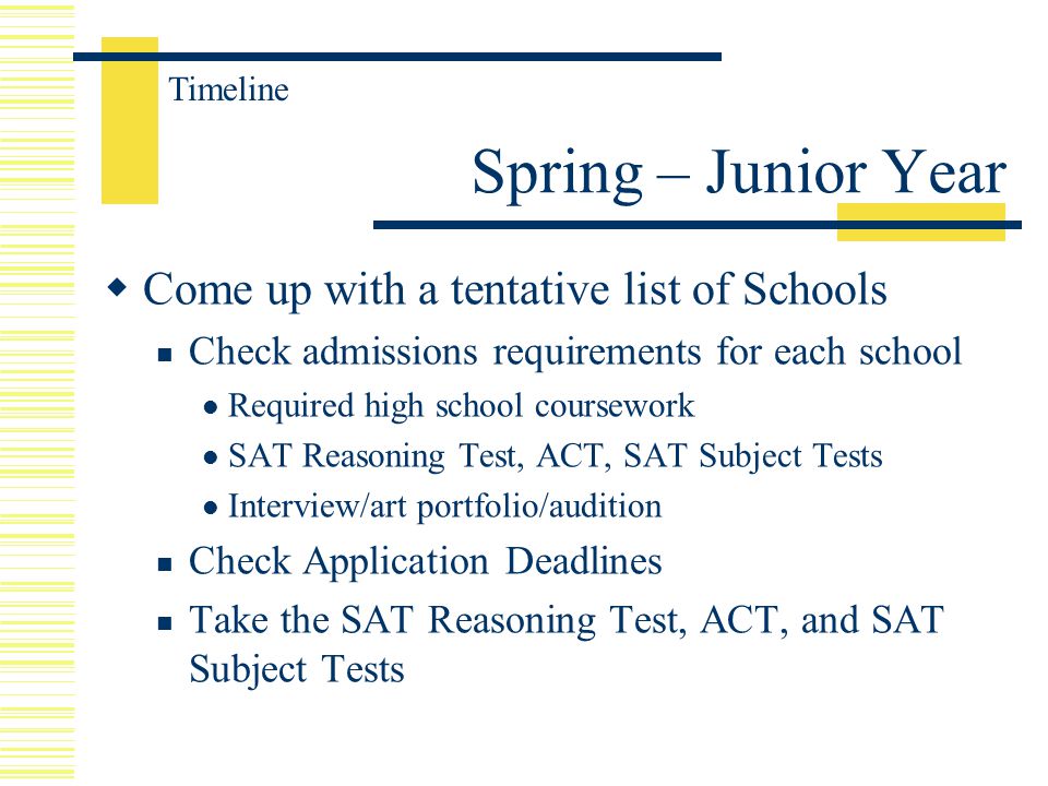  Come up with a tentative list of Schools Check admissions requirements for each school Required high school coursework SAT Reasoning Test, ACT, SAT Subject Tests Interview/art portfolio/audition Check Application Deadlines Take the SAT Reasoning Test, ACT, and SAT Subject Tests Spring – Junior Year Timeline